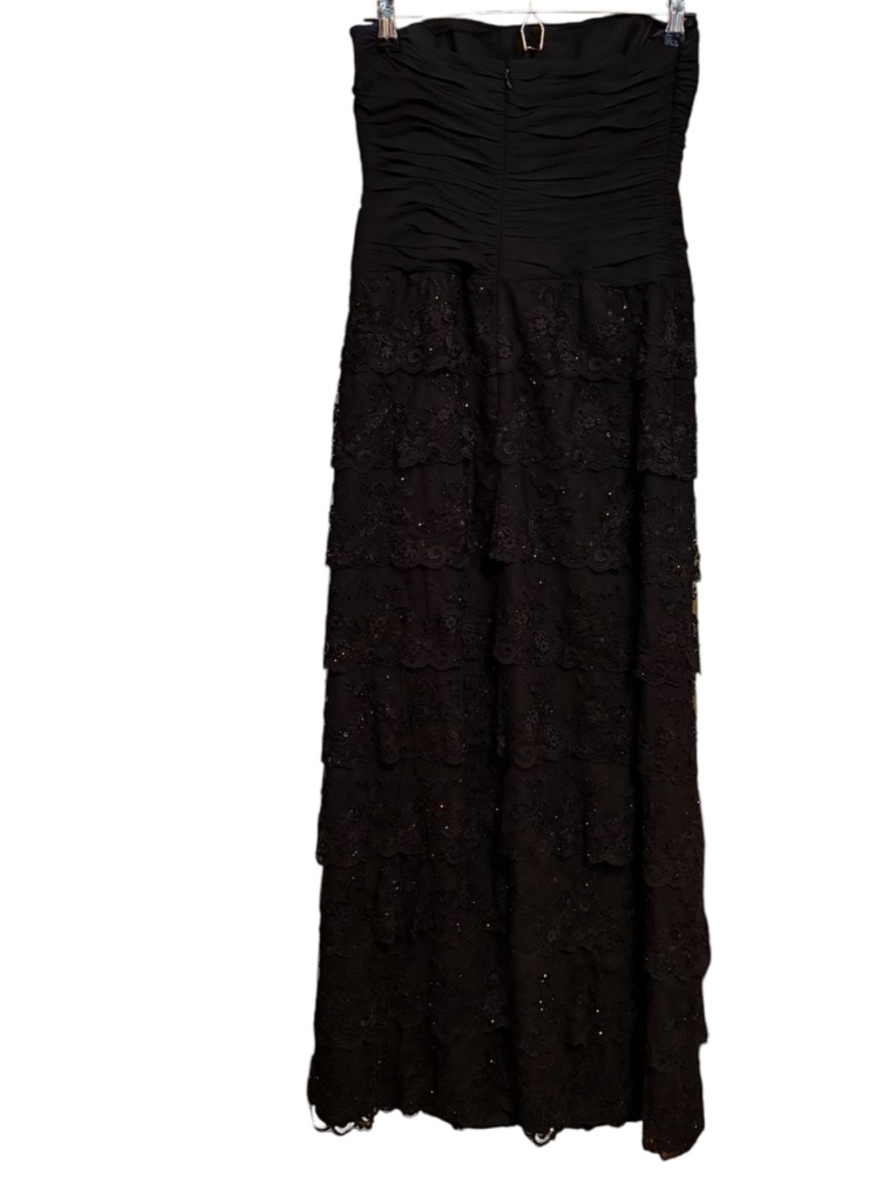 Kay Unger Strapless Black Tiered Lace Evening Gown